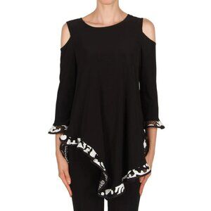 Joseph Ribkoff Black White Cold Shoulder Tunic Asymmetrical Hem Mesh Trim Size 8
